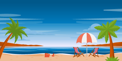 A beach background having trees and an umbrella.
