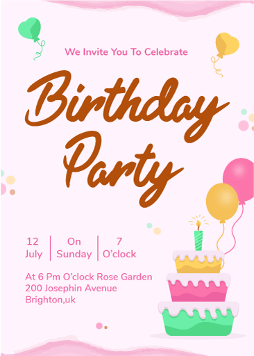 Birthday invite vector, cake and balloons on a card