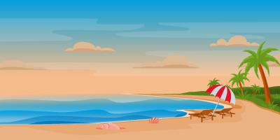 A beach background having trees and umbrella