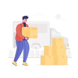 A logistics worker with delivery truck, flat illustration