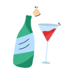 Wine bottle and glass, flat sticker of new year drink