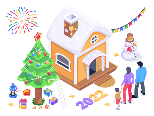 People decorating house, an isometric illustration of new year decor
