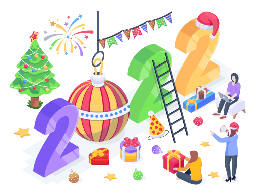 New year welcome preparations, an isometric illustration of event decorations