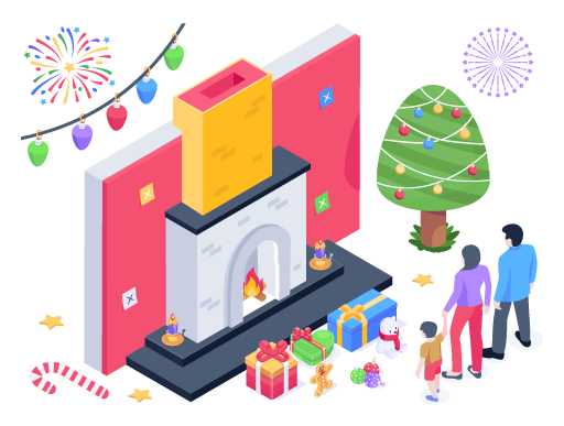 New year celebrations, an isometric illustration of fireplace