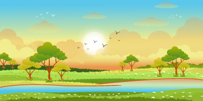 Lakeside view with sunrise in green meadows, flat background
