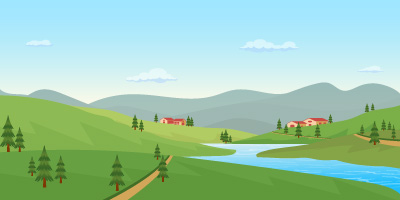 Vector illustration of scenic backdrop with lake and greenery