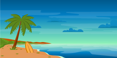 Flat background of shore with tree and surfboard