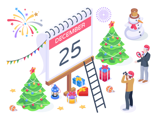 Calendar and decoration accessories, isometric illustration of Christmas date