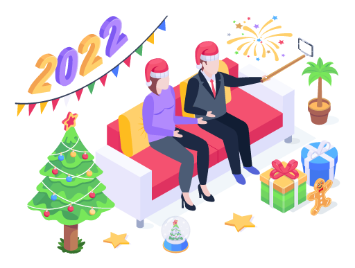 Couple taking selfie with gifts, an isometric illustration of new year gifts