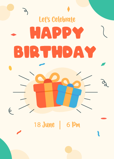 Birthday invitation with gifts on a card, flat vector