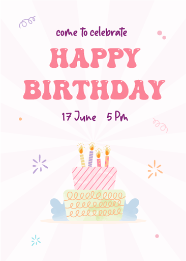 Cute birthday invitation on a cake card, vector template