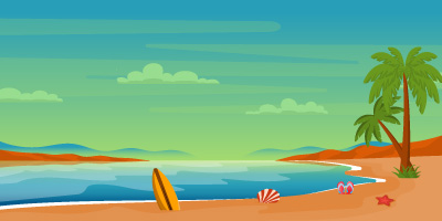Beachfront view background, surfboard, starfish and flip-flops