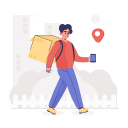 A delivery person with parcel on shoulder, flat illustration
