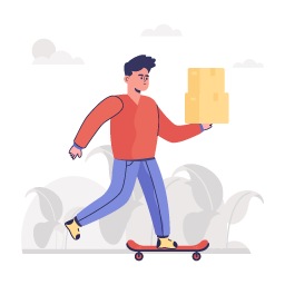 Man with parcel on skateboard, flat illustration of skateboard delivery