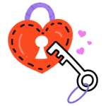 Heart shaped padlock with key, flat icon of heart key