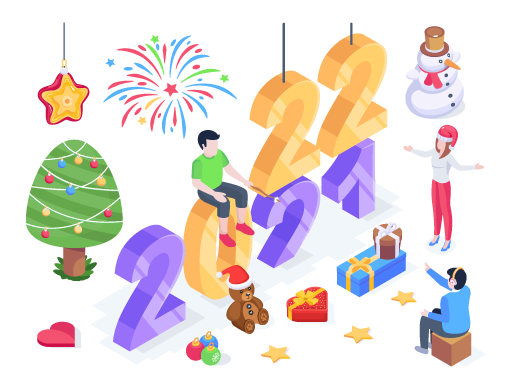 Persons with decoration accessories, an isometric illustration of welcome 2022