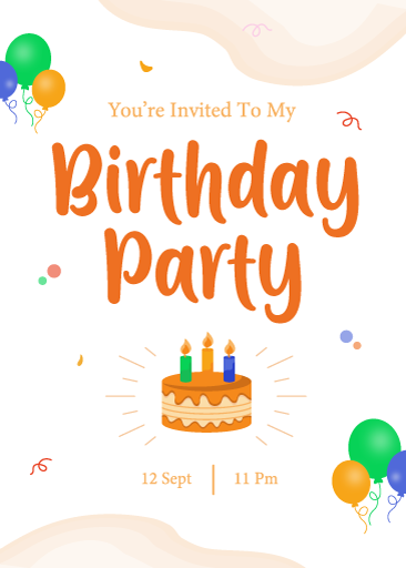 A birthday party card with cake and balloons design on it