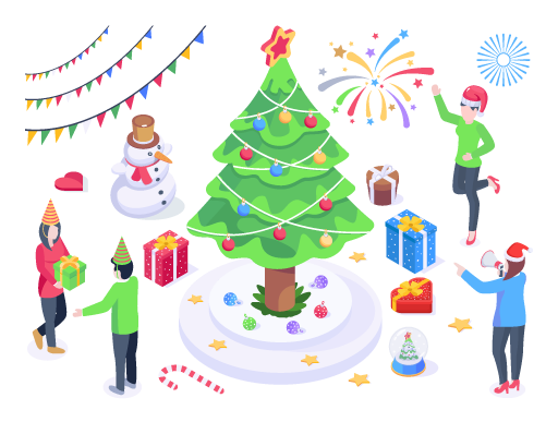 People giving Christmas gifts to each other, isometric illustration