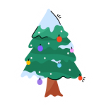 Tree decorated with lights, flat sticker of Christmas tree