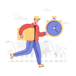 Flat illustration of fast delivery, man with parcel and stopwatch running to deliver products