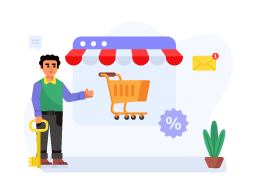 Person advertising shop, flat illustration of ecommerce promotion
