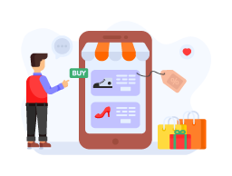 Person buying virtually, flat character illustration of online shopping