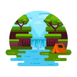 Flat illustration of camping waterfall is up for use