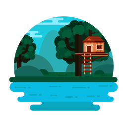 An eye-soothing flat illustration of tree cabin, mini landscape